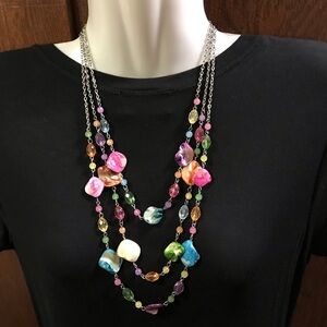 Multicolor Beachy Summer Fun Shell and Acrylic Bead Necklace Silver tone